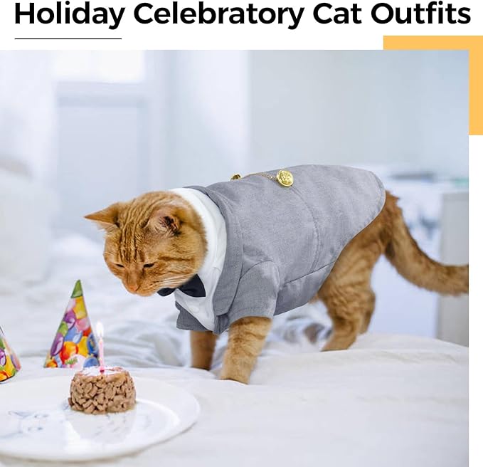 DENTRUN Cat Tuxedo Outfit, Sphynx Cat Costume Formal Suit with Bow Tie, Stylish Cat Shirt Fashion Apparel Fancy Clothes, Kitten Formal Attire Wedding Onesie Costume for Cats Only