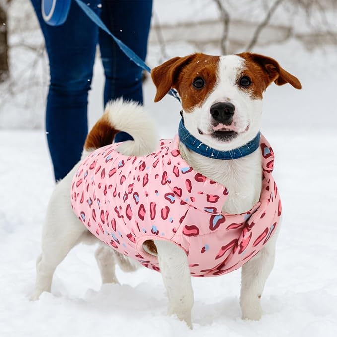 ASENKU Windproof Winter Coat - Waterproof Jacket, Warm Vest for Dogs - Cold Weather Pet Apparel With 2 Layers Fleece Lined for Small Medium Large Dogs (Pink Leopard, 2XL)