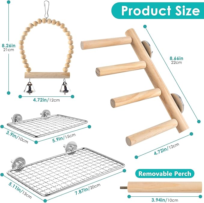 4Pcs Bird Perches Toys, Stainless Steel Perch Platform (2 Sizes), Natural Wood Parrot Climbing Ladder & Swing with Bell, Play Gym Cage Accessories for Budgie Cockatiel Lovebird Canary Conure