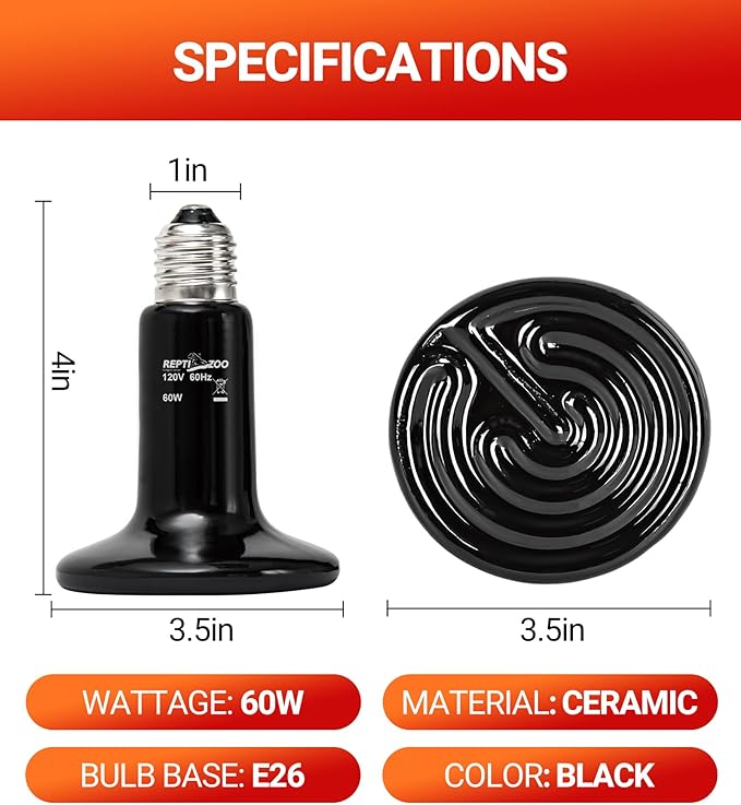 REPTI ZOO 2Pack Ceramic Heat Emitter 60W Reptile Heat Lamp Night Heat Lamp Bulbs Reptile Terrarium Heat lamp Tank Heat Bulb for Turtle Bearded Dragon Gecko Lizard Snake Chicken E26