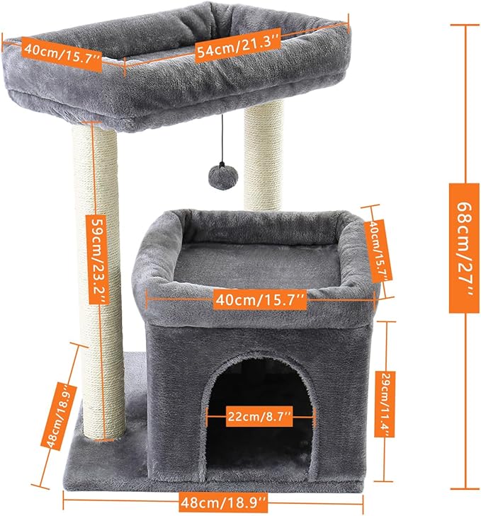 27" Cat Tree for Medium Cats, Cat Tower with Large Top Perch, Full Wrapped Natural Sisal Scratching Posts for Indoor Cats with Spacious Condo & Toy Ball, Grey