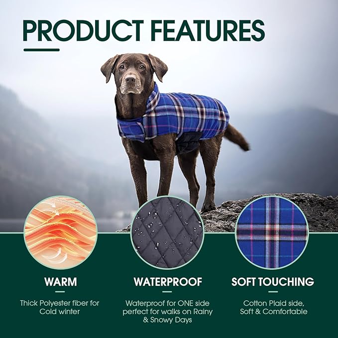 Kuoser Waterproof Dog Coat, Reversible Dog Jacket for Large Dogs, Adjustable Durable Doggie Winter Coat for Groowing Puppies Warm Puppy Cold Weather Apparel, Navy L