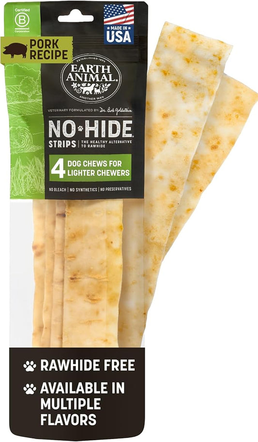 Earth Animal No Hide Strips Pork Flavored Natural Treats | No Rawhide | Quick & Thin Dog Chews - 4 Count
