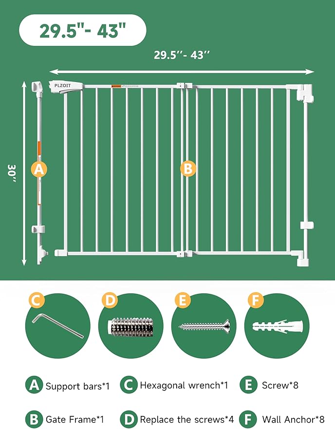 29.5-43" No Bottom Bar Baby Gate for Stairs, Auto Close Dog Gate Indoor, Hardware Mounted, Child Safety Gate for Kids with Large Walk Thru Door, Pet Gate for Doorways adn Stairs - White