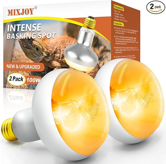 MIXJOY 100W Reptile Heat Lamp Bulb, 2Pack Reptile Basking Spot Light, Upgraded Intense Heat Basking Bulb, UVA Daylight Heat Lamp Bulbs for Reptiles, Bearded Dragon, Lizard, Tortoise, Chicken