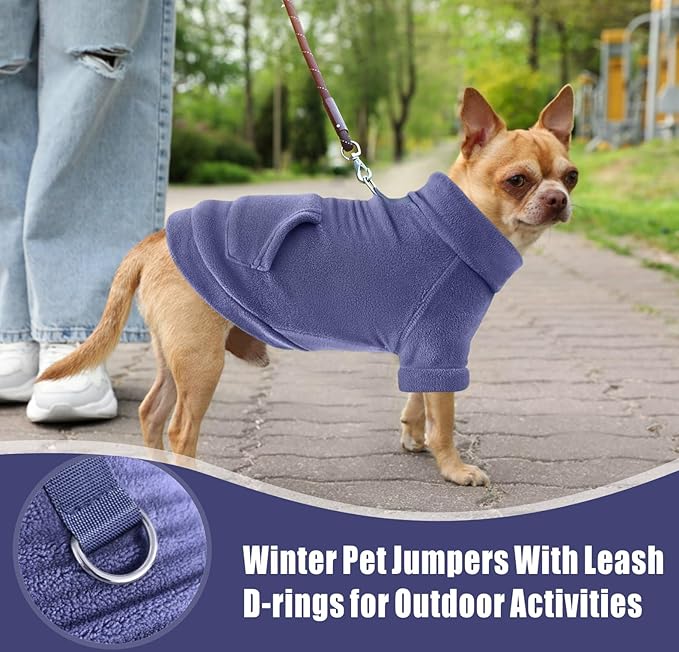 Idepet Fleece Sweater 2 Pack, Winter Pet Clothes Turtleneck Sweatshirt Stretchy Small Dog Coat with Leash Ring Cat Apparel with Pocket (Grey+Navy, Small)