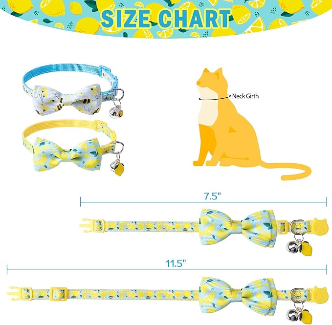 SCENEREAL Breakaway Cat Collar with Bell, 2 Pack Safety Adjustable Cat Collars with Pendant, Personalised Puppy Kitten Collar with Bow for Spring Summer Boys Girls, Lemon Bee