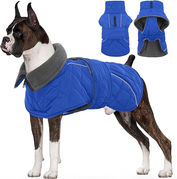 Kuoser Dog Coat, Extra Warm Dog Jacket Windproof Dogs Cold Weather Coats for Large Dogs, Fleece Lining Turtleneck Puppy Snowsuit Reflective Adjustable Pet Winter Clothes Christmas, Blue XL