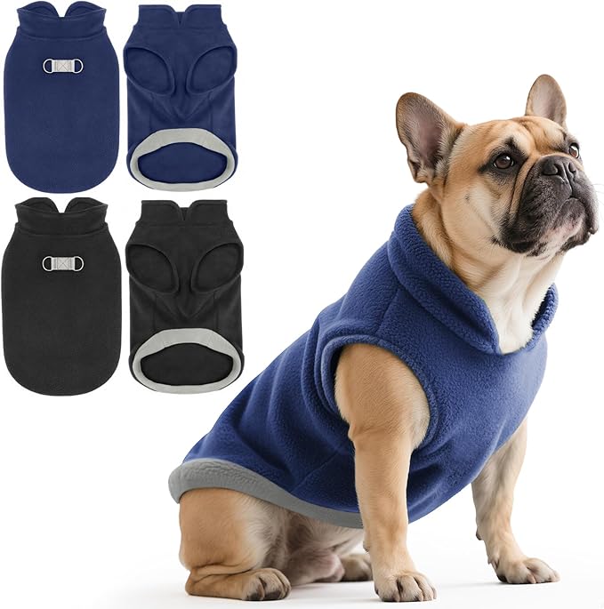 Idepet 2 Pack Dog Fleece Vest Sweater Warm Pullover Jacket with D-Ring Leash Reflective Winter Coat Hoodie for Small Medium Dogs Puppy Cat Pet Clothes (Black&Blue, XX-Large-French Bulldog)