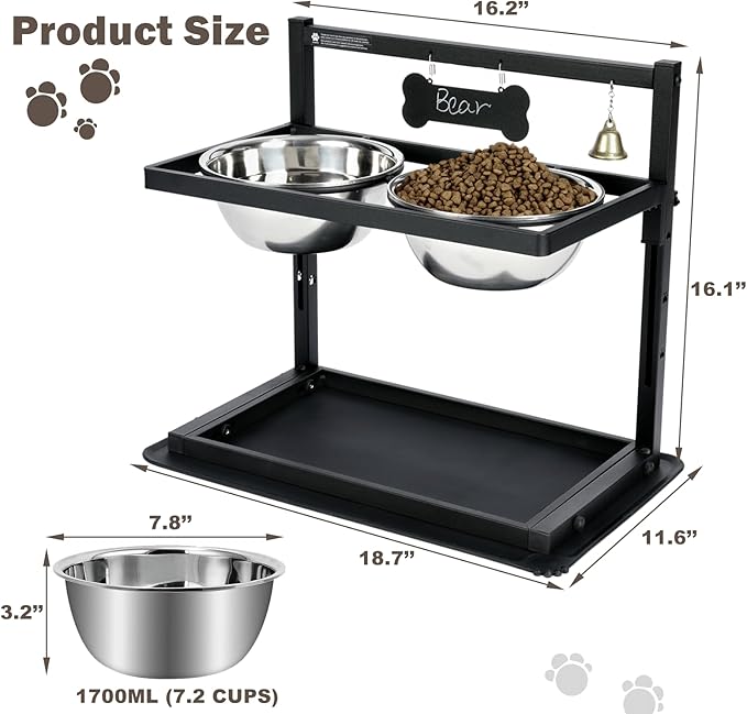 Elevated Slow Feeder Dog Bowls - Raised for Large Dogs, Adjustable Height, 2 Stainless Steel Bowls, Spill Proof Mat, Grey