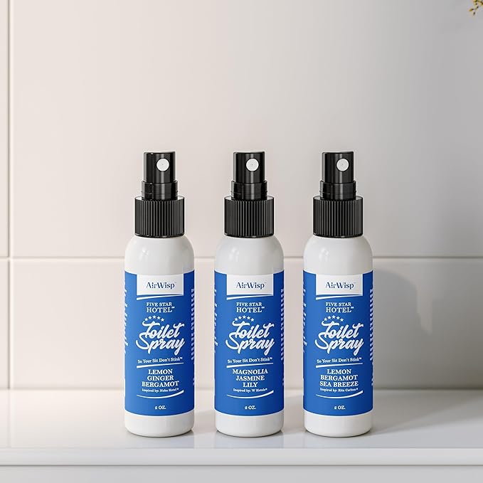 AirWisp Toilet Spray 3 Pack Variety Pack - Pre Poop Spray Odor Eliminator - Curated 5-Star Hotel Picks - 2 oz. Bottles - Up To 100 Uses Per Bottle - Travel Toiletry