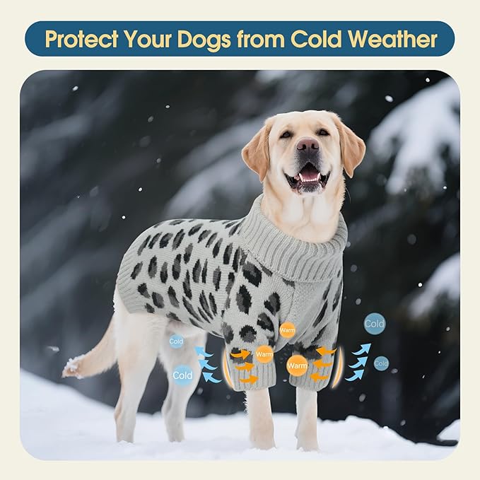 ROZKITCH Winter Dog Sweater for Small Medium Breeds, Leopard Print Thick Knitted Turtleneck Pullover, Soft Warm Coat for Labrador German Shepherd and Boxer Dogs Grey M