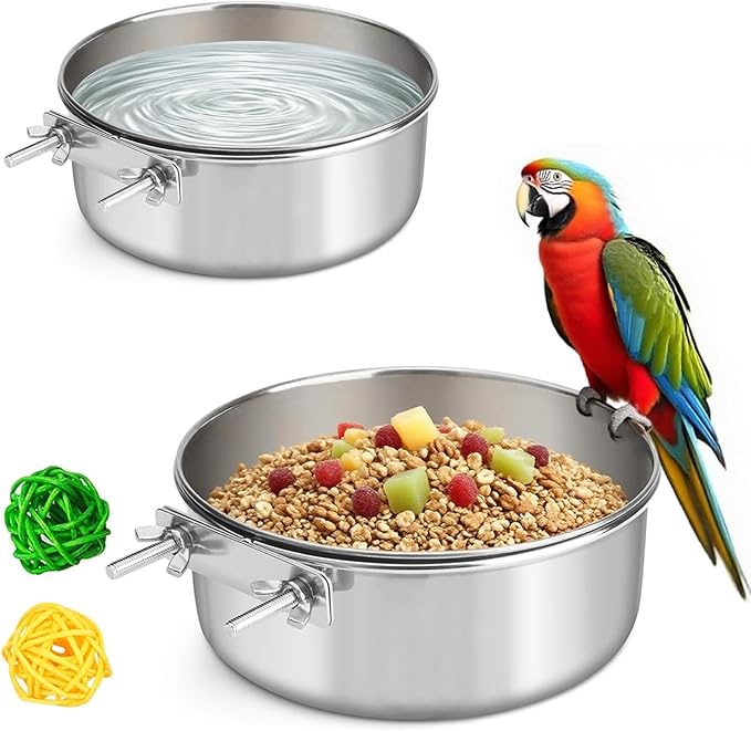 2 Pcs Stainless Steel Bird Food Water Bowls, Parrot Feeding Dish Cups with Clamp Holder Bird Ball Toys for Chinchilla, Cockatiel, Conure, Budgies, Parakeet, Lovebird, Small Animals (Small+Medium)