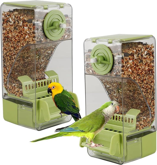 Bird Feeder No Mess 2PCS Automatic Clear Bird Seed Food Container Acrylic Parrot Feeder Dispenser Cage Accessories for Parakeet Budgies Cockatoo Canary Love Bird (Green)