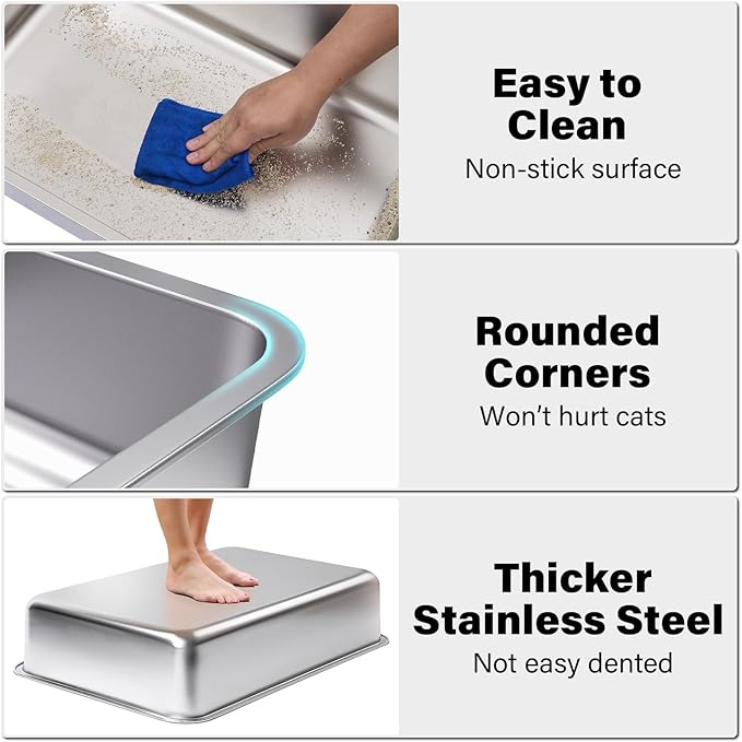 Stainless Steel Litter Box 2 Pack, XLarge Metal Litter Box for Cat, Easy Clean Non Stick Easy Entry No Smell Metal Litterbox for Kitty/Cats