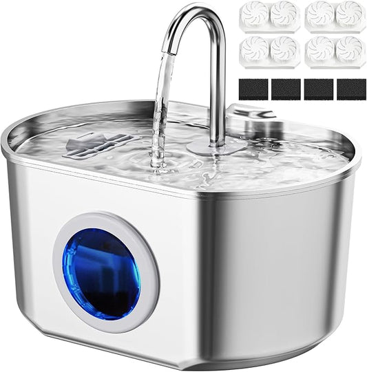 Cat Water Fountain Stainless Steel: 74oz/2.2L Cat Fountain for Drinking- Pet Water Fountain Inside - Automatic Dog Watering Dispenser Bowl - Pet Feeding & Watering Supplies (4 Filters)