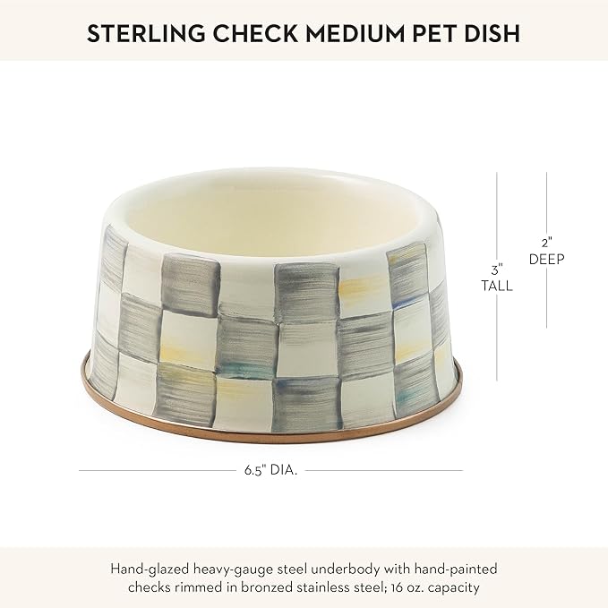 MACKENZIE-CHILDS Pet Bowl, Cute Cat and Dog Bowl for Food and Water, Gray-and-White Sterling Check, Medium