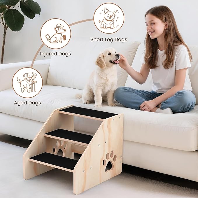 Dog Stairs, Wooden 3-Step Dog Ramp for Small Medium Large Older Cat, Puppy Essentials Pet Step Ladder for High Bed Couch Car