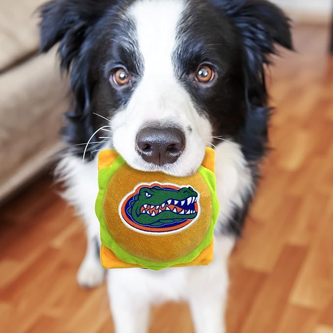 NCAA Florida Gators Cheeseburger Plush Dog & CAT Squeak Toy- Cutest Stadium Hamburger Snack Plush Toy for Dogs & Cats with Inner Squeaker & Beautiful Football/Basketball Team Name/Logo