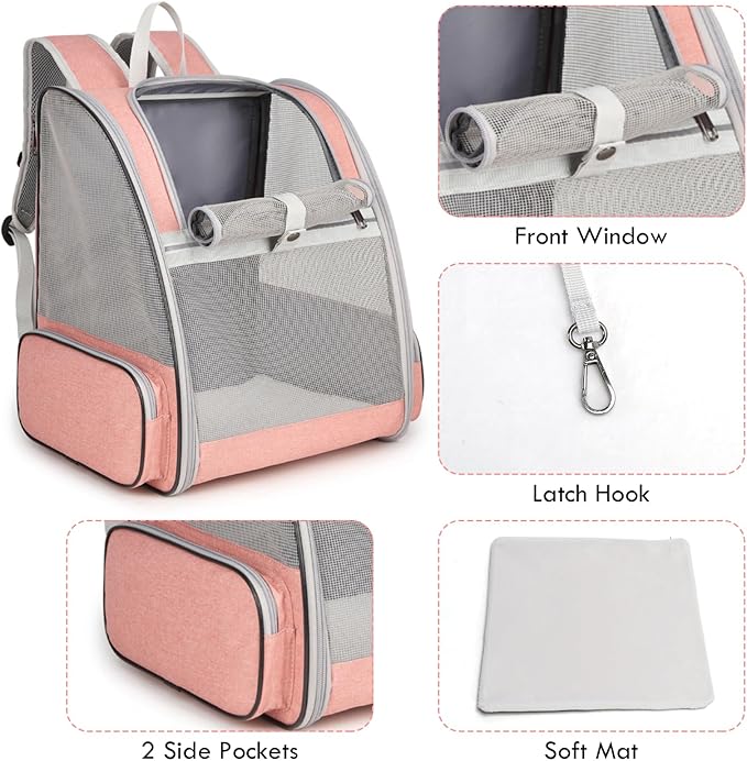 Cat Backpack Carrier, Large Pet Backpack with Kitten Wand Feather Toy for Medium Small Dog Cat Puppy Kitty Bunny up to 15lbs, Ventilated Mesh Dog Travel Carrier for Hiking Walking Outdoor Use (Pink)