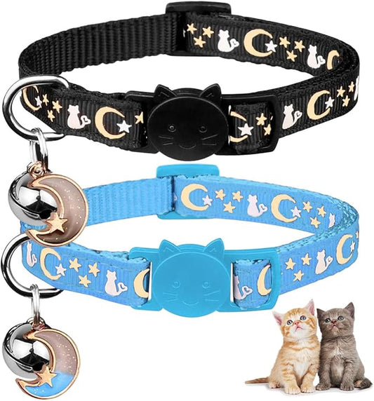2PCS Breakaway Cat Collars with Bell Cute Kitty Glow in The Dark Adjustable Kitten Collars with Pendant(Black&Sky Blue)