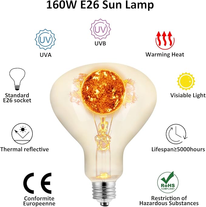 UVA UVB Reptile Light 160W Heat Lamp Bulb, Bearded Dragon Basking Spot Full Spectrum Self-Ballasted Mercury Vapor Bulb for Reptiles and Amphibian