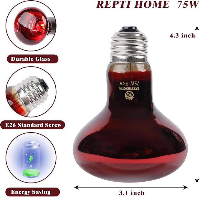 Reptile Heat Lamp,75W Red Basking Spot Lamp Bulb for Chickens Amphibians, Infrared Heat Emitter Light for Coop