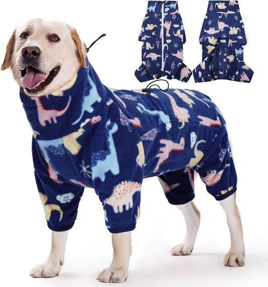 ROZKITCH Large Dog Clothes Soft Fleece Pullover Pajamas, Pet Windproof Warm Cold Weather Jacket Vest with Reflective Zipper, Jumpsuit Apparel Outfit Clothes for Large Dog Dinosaur 3XL