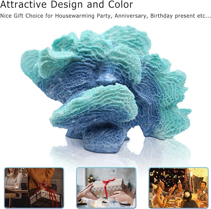 Blue Faux Coral Reef Statue - Resin Sea Coral Sculpture for Tabletop, Home, Living Room - Coastal Beach Decor