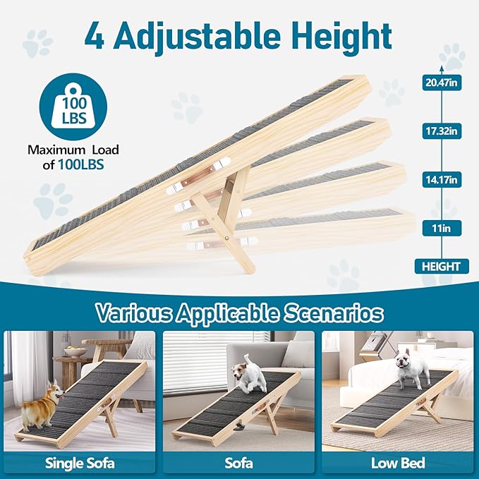 Tresbro Dog Ramp for Couch, 40'' Long Dog Ramps with Adjustable 11'' to 20.47'' Height, Portable Dog Ramp with Anti-Slip Carpet & Carrying Handle Holds up to 100LBS for Small Dogs to Get on Sofa