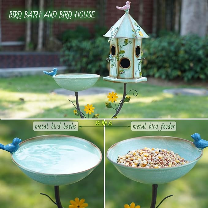 56" H Bird Baths and Bird Houses with Pole,Metal Bird Bath Bowl,birdhouses for Outdoors,Bird Bath with Stake,Garden Yard Decor