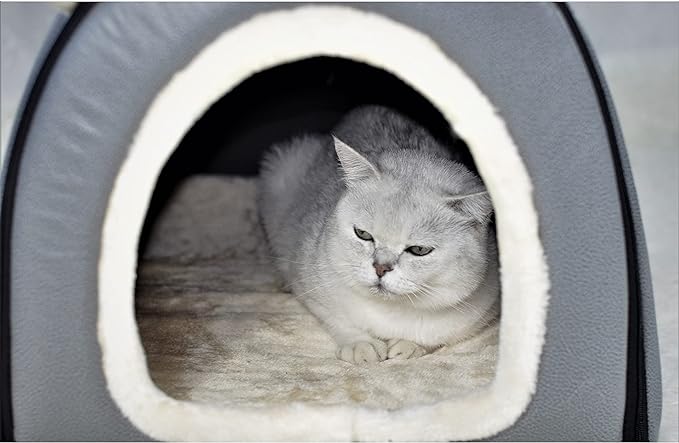 Cat Bed or Dog Bed,2 Ways to Use,Indoor Pet House with Fluffy Mat,Removable and Washable Cover,Splash-Proof House and Non-Slip Bottom,for Cats and Small Dogs(S Grey Faux Leather)