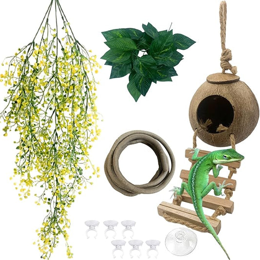 Crested Gecko Coconut Hut with Ladder,Natural Bearded Dragon Coco Den Reptile Shell Hideout Husk Hut Climbing Plants Leaves Tank Accessories for Lizard Chameleon Snakes