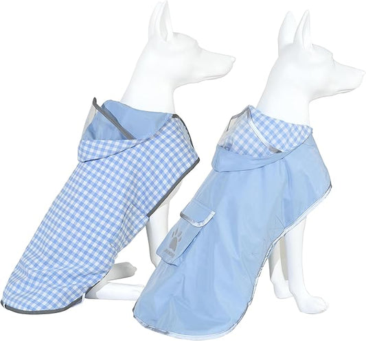 MAMORE Dog Raincoat Reversible,Waterproof Dog Rain Coat Hooded Slicker Poncho with Reflective Strip, Plaid Double Layer Rain Jacket for Small Medium Large Dogs (Light Blue, XX-Large)