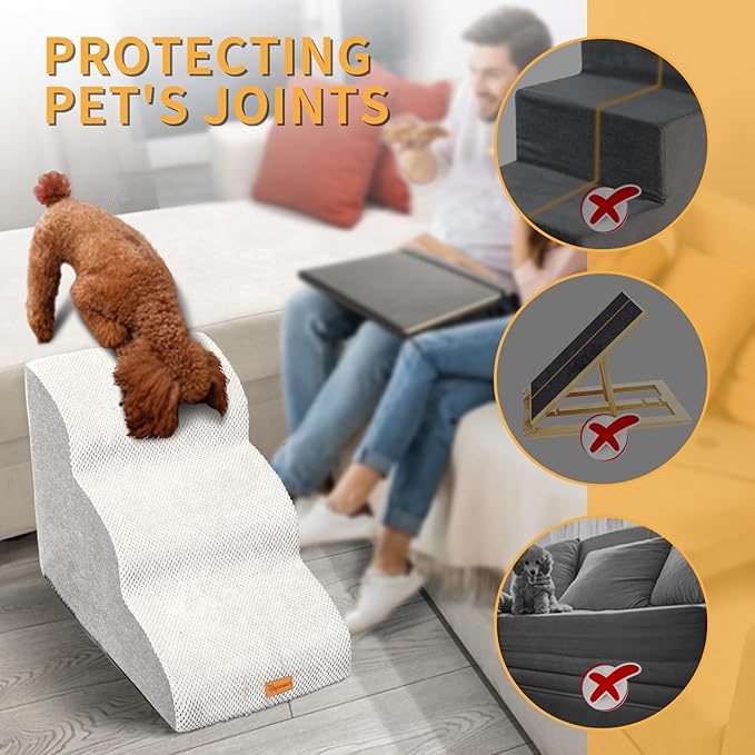 Topmart 3 Tiers Foam Dog Ramps/Steps,Non-Slip, Extra Wide Deep Dog Stairs,High Density Foam Pet Stairs/Ladder,Best for Older Cats,Small Pets,Ivory-White