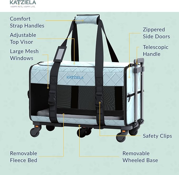 Pet Carrier Airline Approved - Dog Carrier with Wheels - TSA Airline Approved Dog Carrier - Rolling Pet Carrier with Wheels for Small to Medium Size Cat or Dog - Airplane Cabin Animal (Blue)