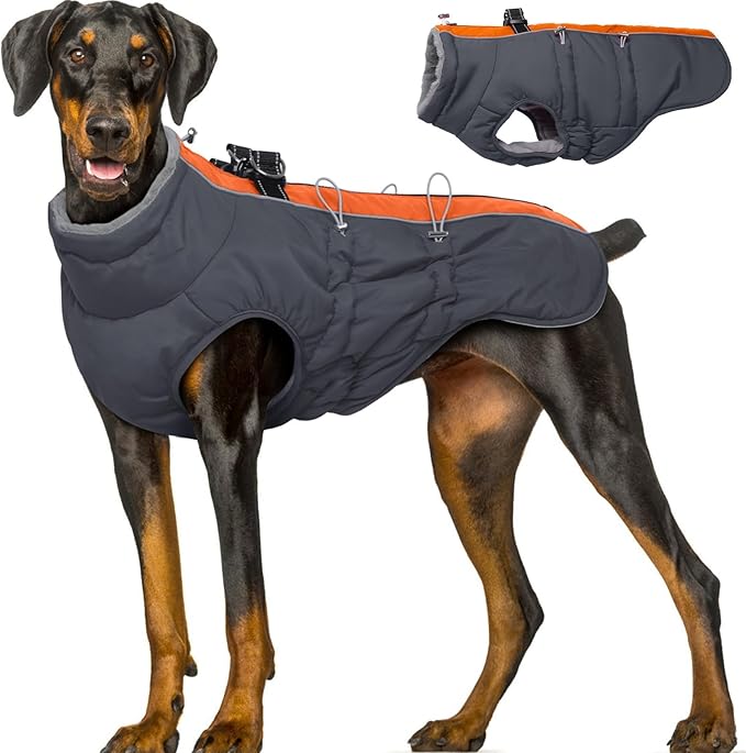 Dog Winter Jacket - 3X Large, Warm Zip Up Snowsuit Dog Harness Vest, Reflective, Water-Resistant, Orange-Gray
