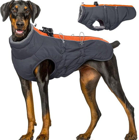 Dog Winter Jacket - 3X Large, Warm Zip Up Snowsuit Dog Harness Vest, Reflective, Water-Resistant, Orange-Gray