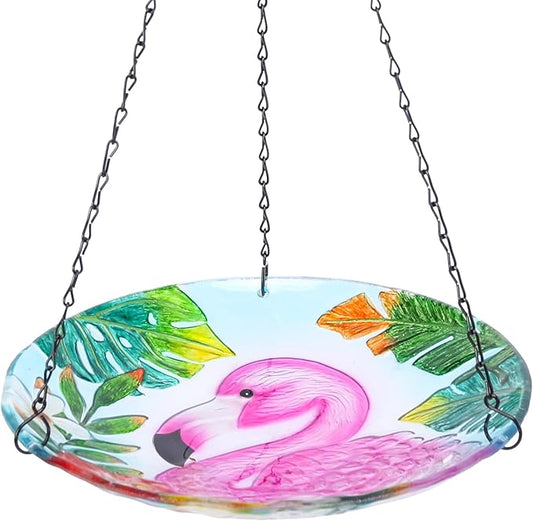 MUMTOP Hanging Bird Baths for Outdoors - Glass Bird Bath, 11 Inch Hanging Bird Bath Pink Flamingo Bird Feeder Bowl for Outside, Garden, Lawn Yard Decor
