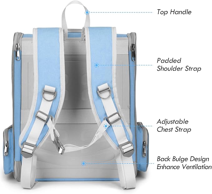 Cat Backpack Carrier, Large Pet Backpack with Kitten Wand Feather Toy for Medium Small Dog Cat Puppy Kitty Bunny up to 15lbs, Ventilated Mesh Dog Travel Carrier for Hiking Walking Outdoor Use (Blue)