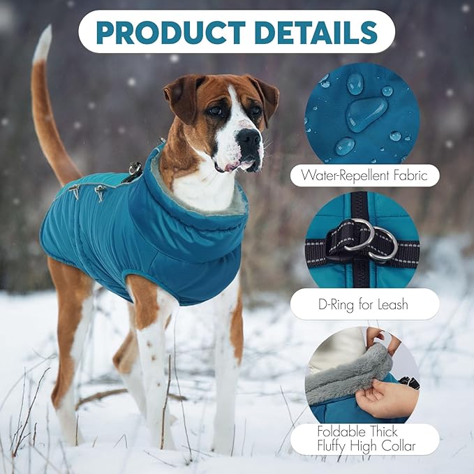 IDOMIK Warm Dog Coat with Harness Built-in, Thick Fleece Dog Winter Jacket with High Collar&Zipper, Waterproof Reflective Dogs Cold Weather Coats for Large Dogs, Pet Snow Jacket Vest(Blue,2XL)