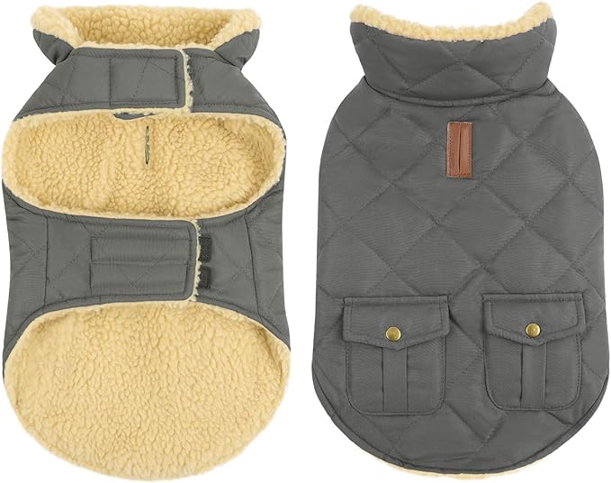Queenmore Dog Winter Coat - Fleece Jacket, Waterproof Cold Weather Clothes, Thick Warm Cotton Padding, Easy On Storage Pockets (Grey, Medium)