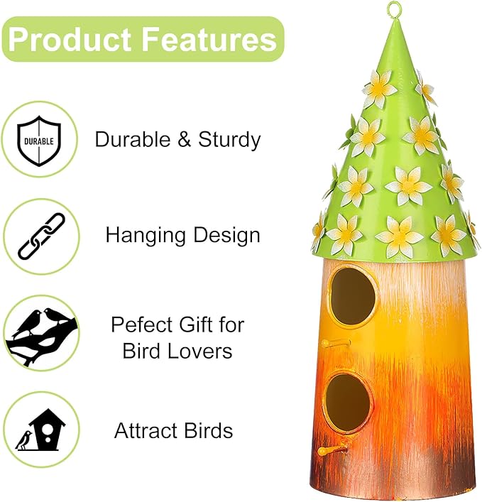 BAYN Hanging Bird House for Outside, 2 Story Double Hole Metal Birdhouse for Outdoor Hanging Handwork Bird Nest Decorative Garden Decor Outdoor