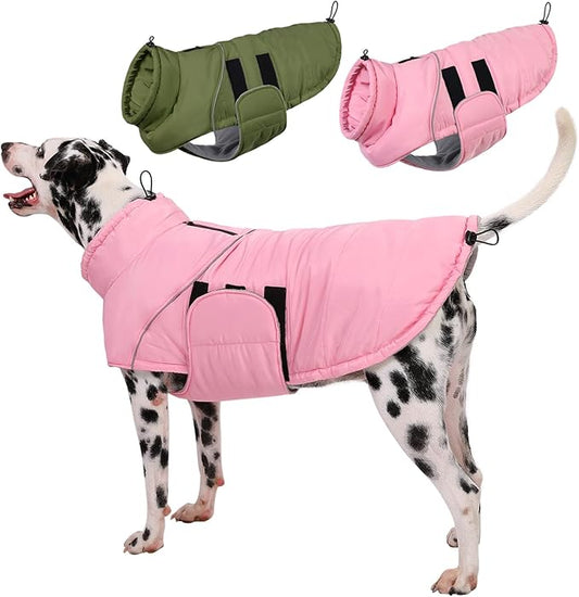 ASENKU Extra Warm Dog Coat - Fleece Reflective Puffer Jacket with Zippered Leash Hole for Large Dogs (Pink, XL)