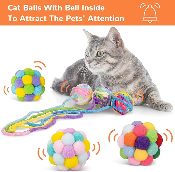 Retro Shaw Cat Toys Balls, 6Pcs Yarn Cat Ball with Bell Inside, Interactive Kitten Toys for Indoor Cats Kitty Chew Playing, Colorful Soft Fuzzy Jingle Kitten Ball with String