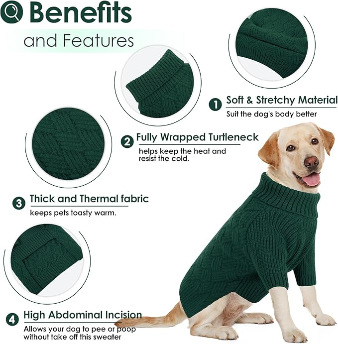 AOFITEE XXL Dog Sweater, Christmas Sweaters for Large Dogs, Warm Turtleneck Dog Sweater for Fall Winter Cold Weather, Solid Dogs Knit Sweatshirt for Golden Retriever, Labrador, Doberman (Green, 2XL)