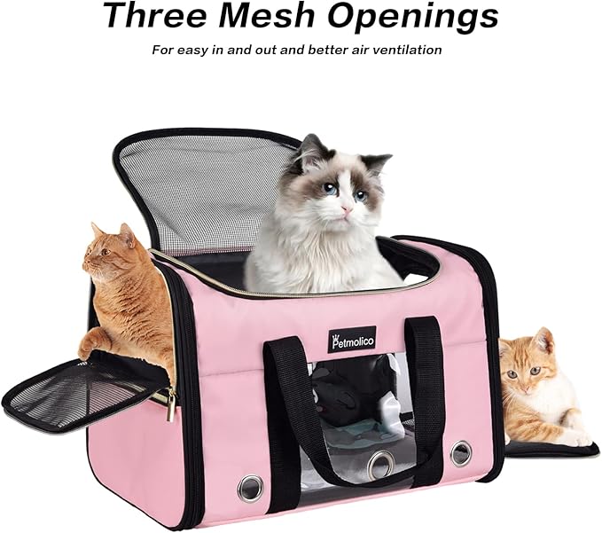 Petmolico Cat Carrier Soft-Sided Pet Bag for Small Medium Cats Puppies 16LBs - Airline Approved Pet Travel Carrier 3 Open Doors (Medium,Pink)