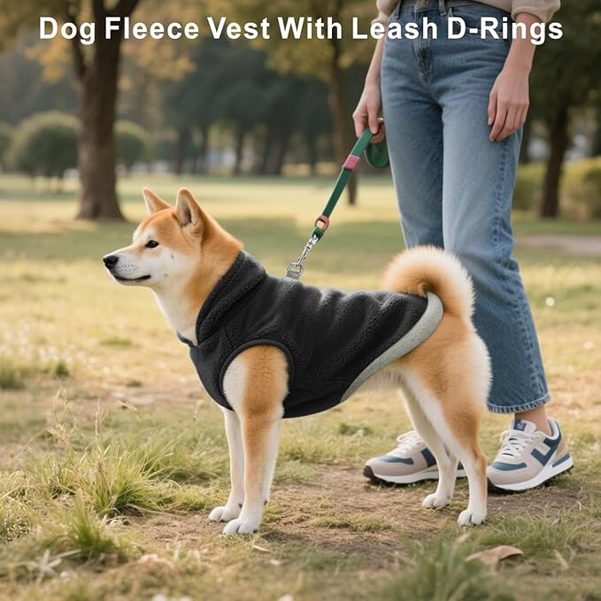 Idepet 2 Pack Dog Fleece Vest Sweater Warm Pullover Jacket with D-Ring Leash Reflective Winter Coat Hoodie for Small Medium Dogs Puppy Cat Pet Clothes (Black&Blue, X-Large)