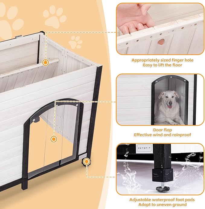 Petsfit 45.3" Large Dog House, Folding Dog House Outdoor, Unfold to Use, No Tools Required Assembly, Weatherproof Outside Dog House with Door Flap (Large, White)