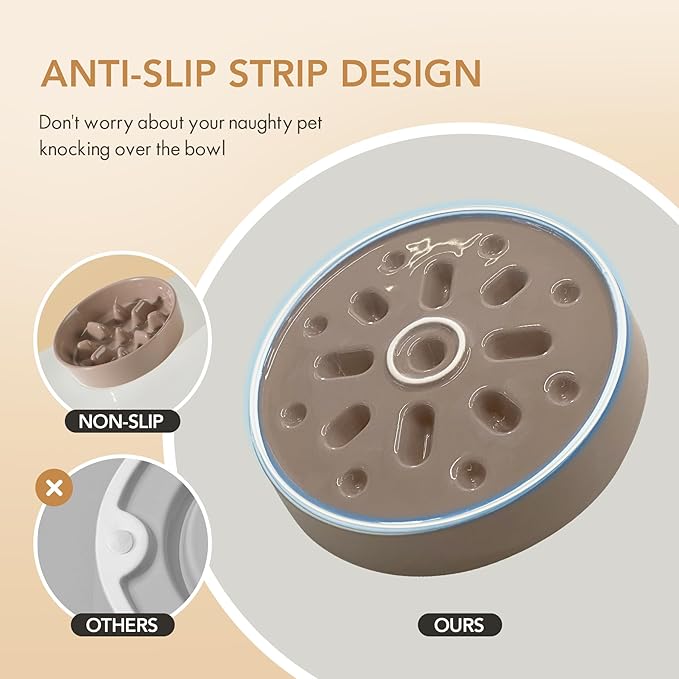 7.3inch Ceramic Dog Raised Slow Feeder Set, Elevated Bowl with Wooden Stand for Medium and Small Dog, Slow Feeder Dish for Fast Easters(Brown Coffee, Single Bowl+ Stand)